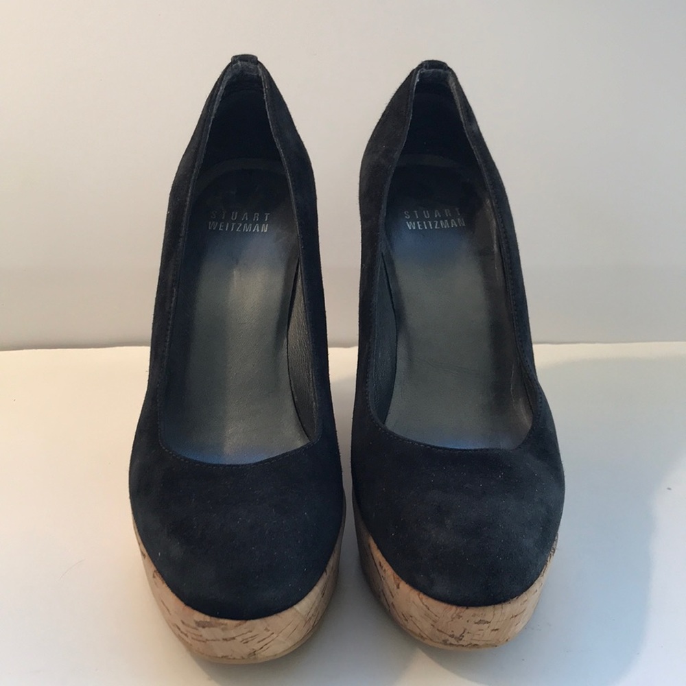 Stuart Weitzman Black Suede Cork Wedge Size 6